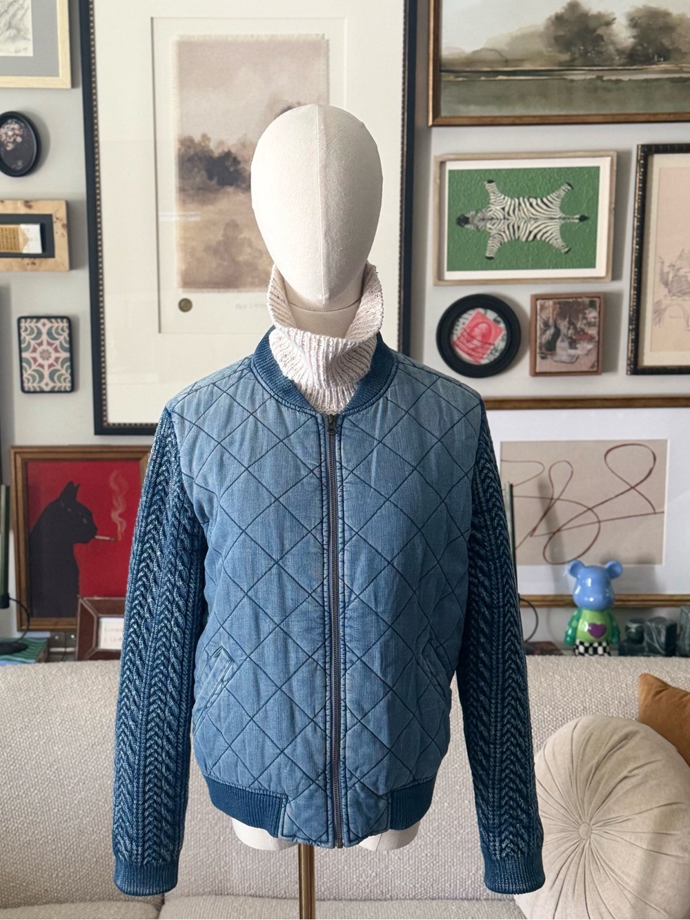 Anthropologie Cloth & Stone Quilted Chambray Bomber Jacket | Blue | Size Large